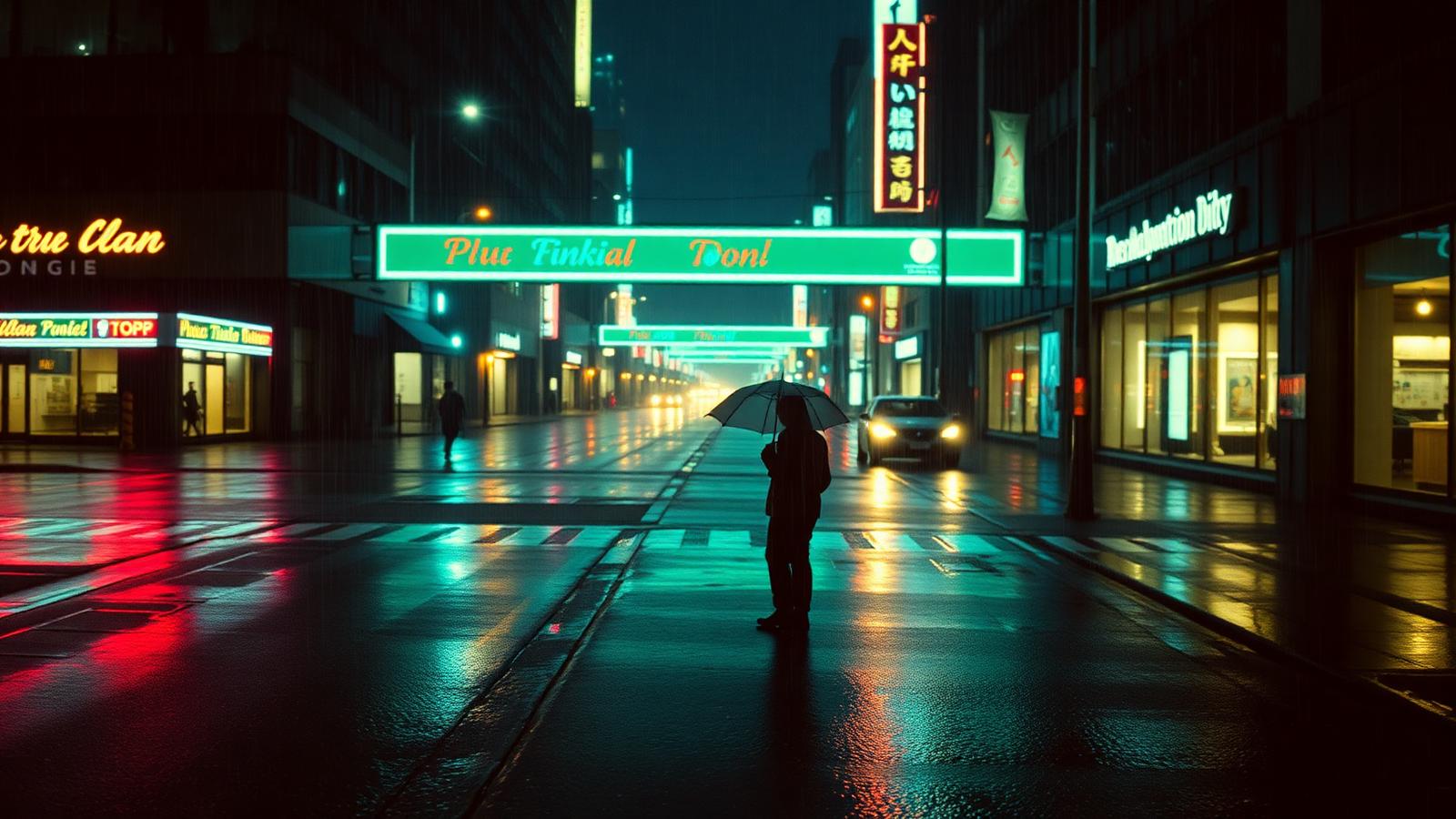 Night city film still with neon reflections on wet asphalt