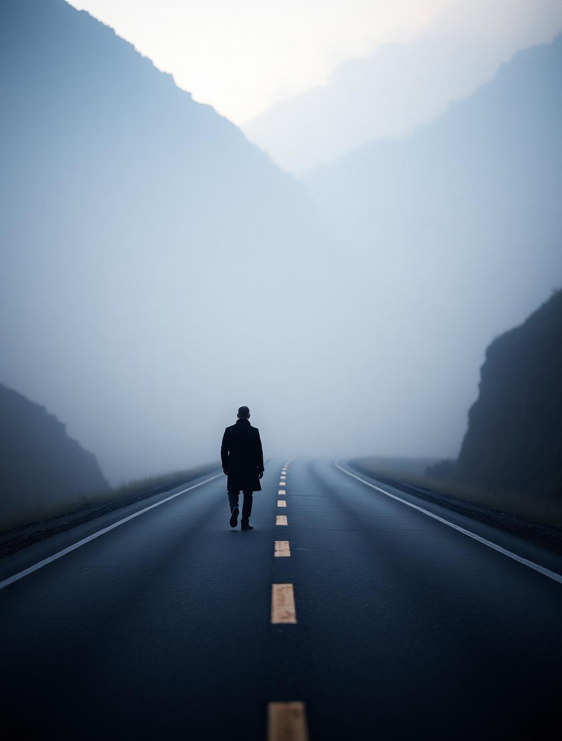 Lone figure walking a misty mountain road at dawn